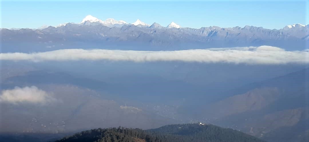 Mount Jumolhari Jichu Drakey and Tsheringmegang over Looking Thimphu Valley with the Talakha Monastery