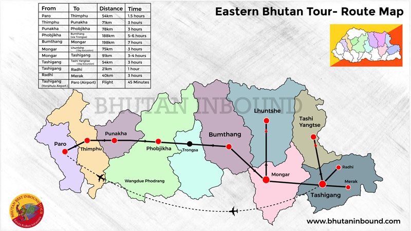 Eastern Bhutan Tour Map Routes